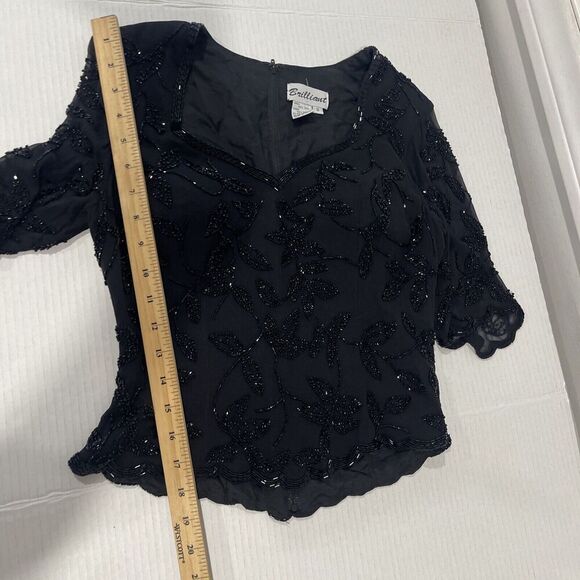 Vintage Small Beaded Black Blouse Sheer Sleeve Goth Steampunk Prom Event Lined - Picture 12 of 14